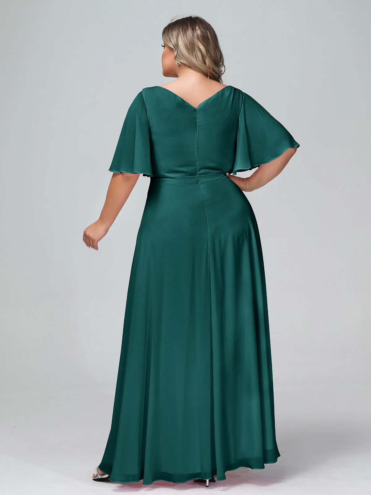 Flutter Sleeves Chiffon Max Dresses with Sash Bow-Peacock Plus Size