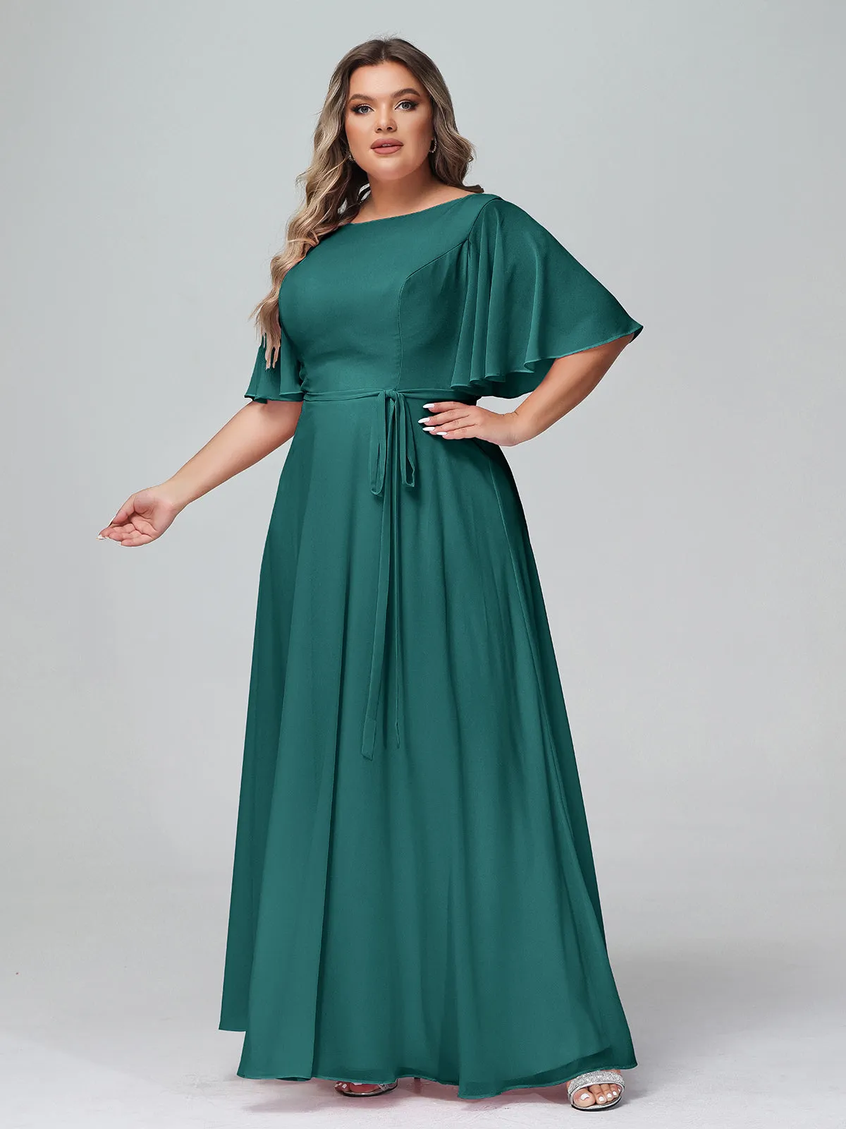 Flutter Sleeves Chiffon Max Dresses with Sash Bow-Peacock Plus Size
