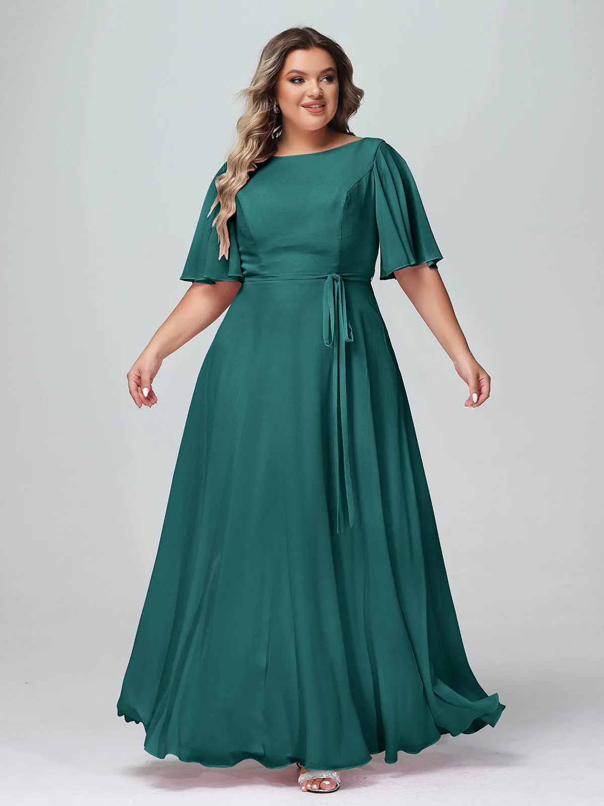 Flutter Sleeves Chiffon Max Dresses with Sash Bow-Peacock Plus Size