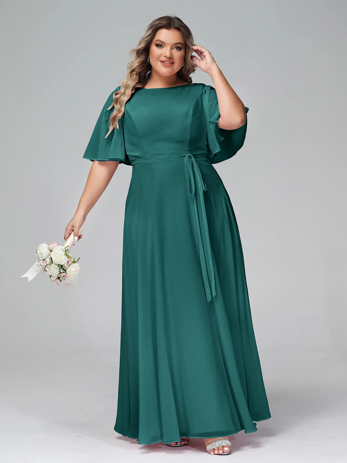Flutter Sleeves Chiffon Max Dresses with Sash Bow-Peacock Plus Size