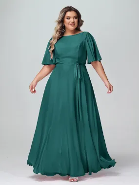 Flutter Sleeves Chiffon Max Dresses with Sash Bow-Peacock Plus Size