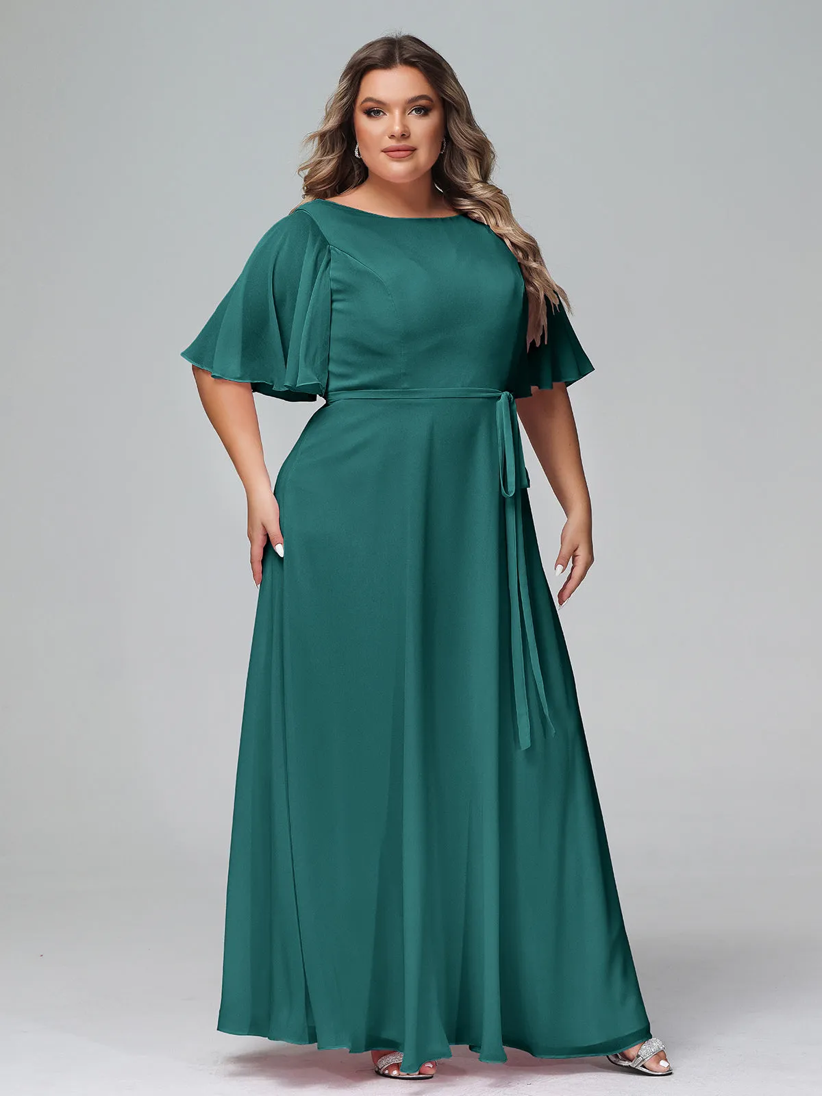 Flutter Sleeves Chiffon Max Dresses with Sash Bow-Peacock Plus Size