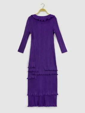 Frill Trim Accordion Pleated Roll Collar Dress