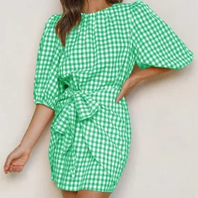 Georgie|| Spring And Summer Plaid Girdle Belt Fold Three-quarter Sleeve Dress Women's Clothing