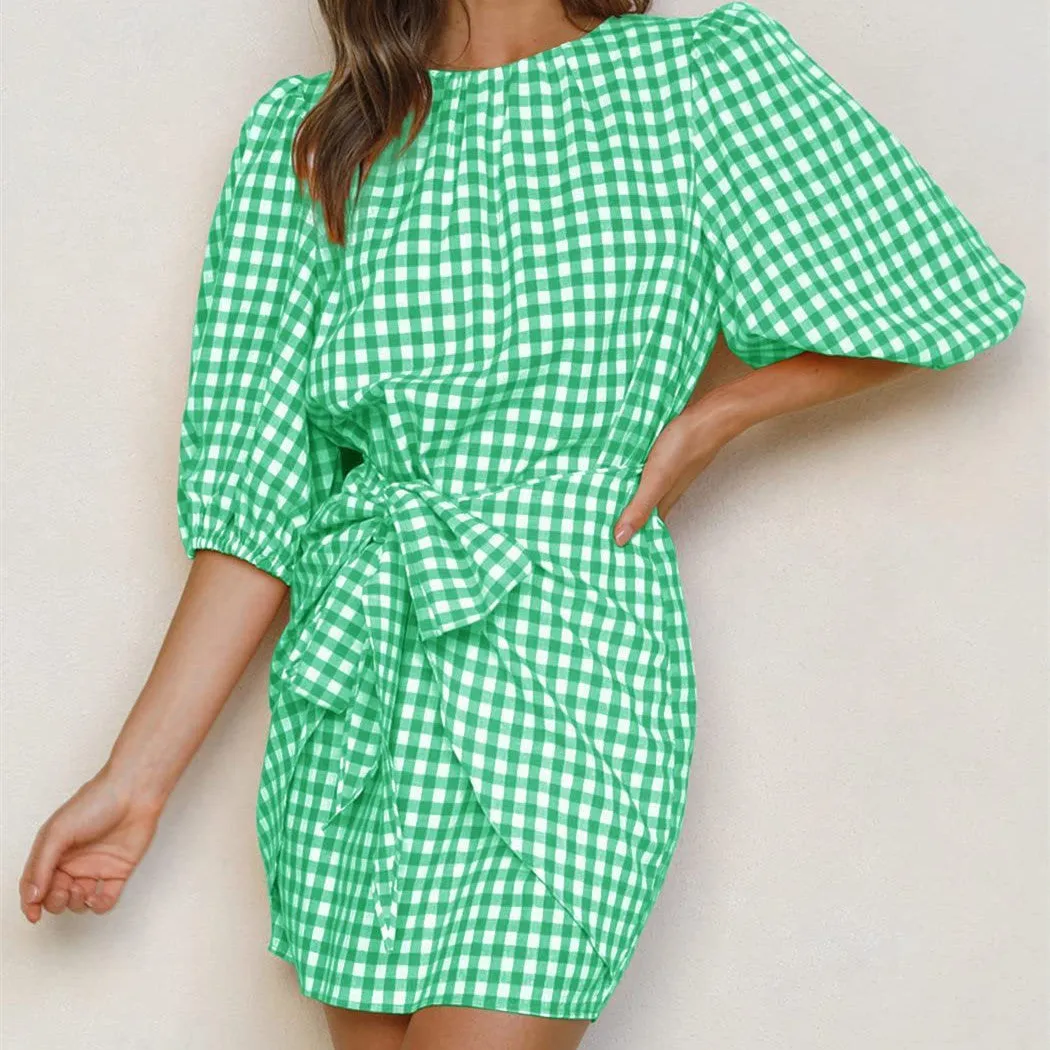 Georgie|| Spring And Summer Plaid Girdle Belt Fold Three-quarter Sleeve Dress Women's Clothing