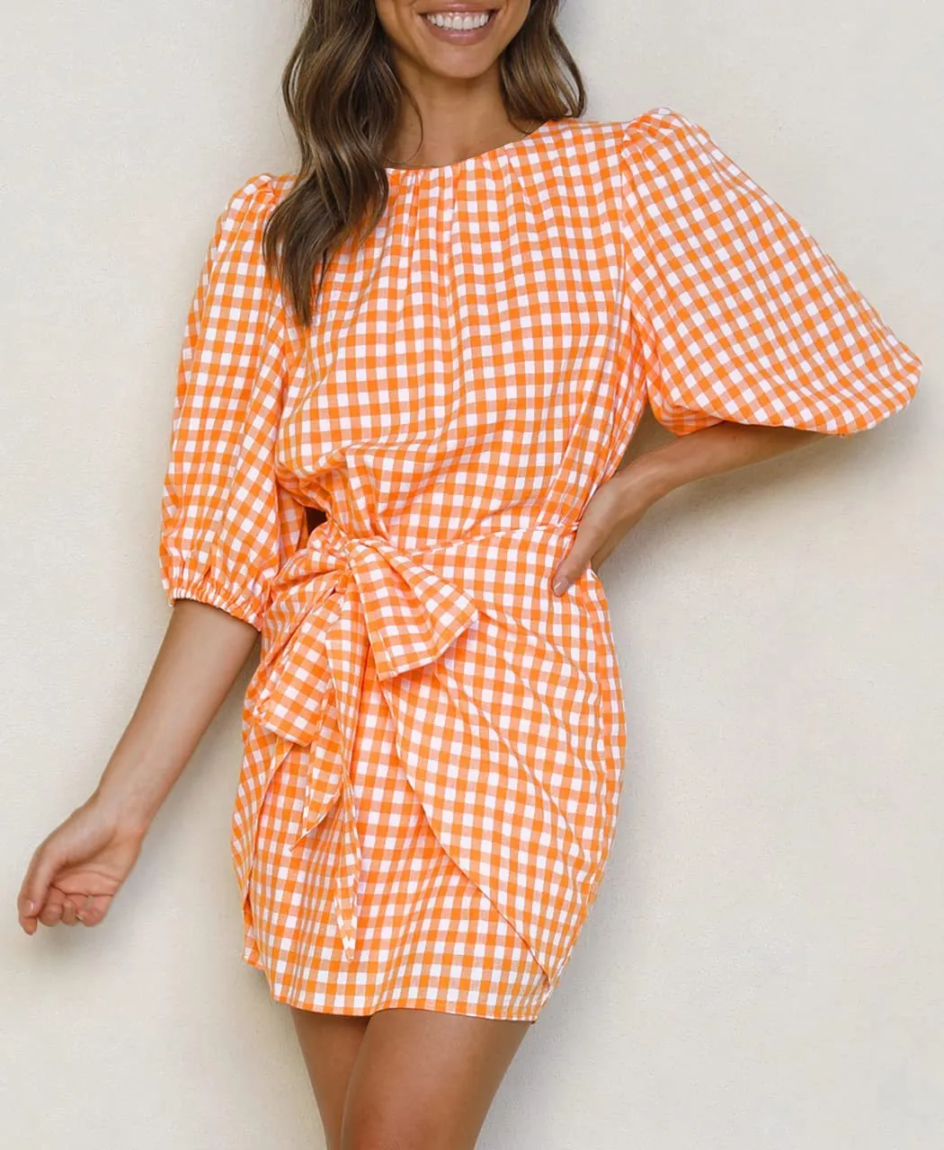 Georgie|| Spring And Summer Plaid Girdle Belt Fold Three-quarter Sleeve Dress Women's Clothing