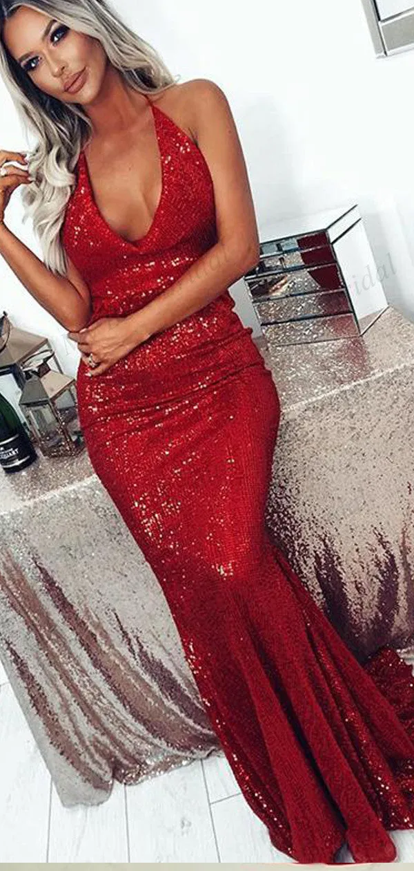 Glamorous Mermaid Deep V Neck Red Sequined Evening Dresses,Cheap Prom Dresses,PDY0564