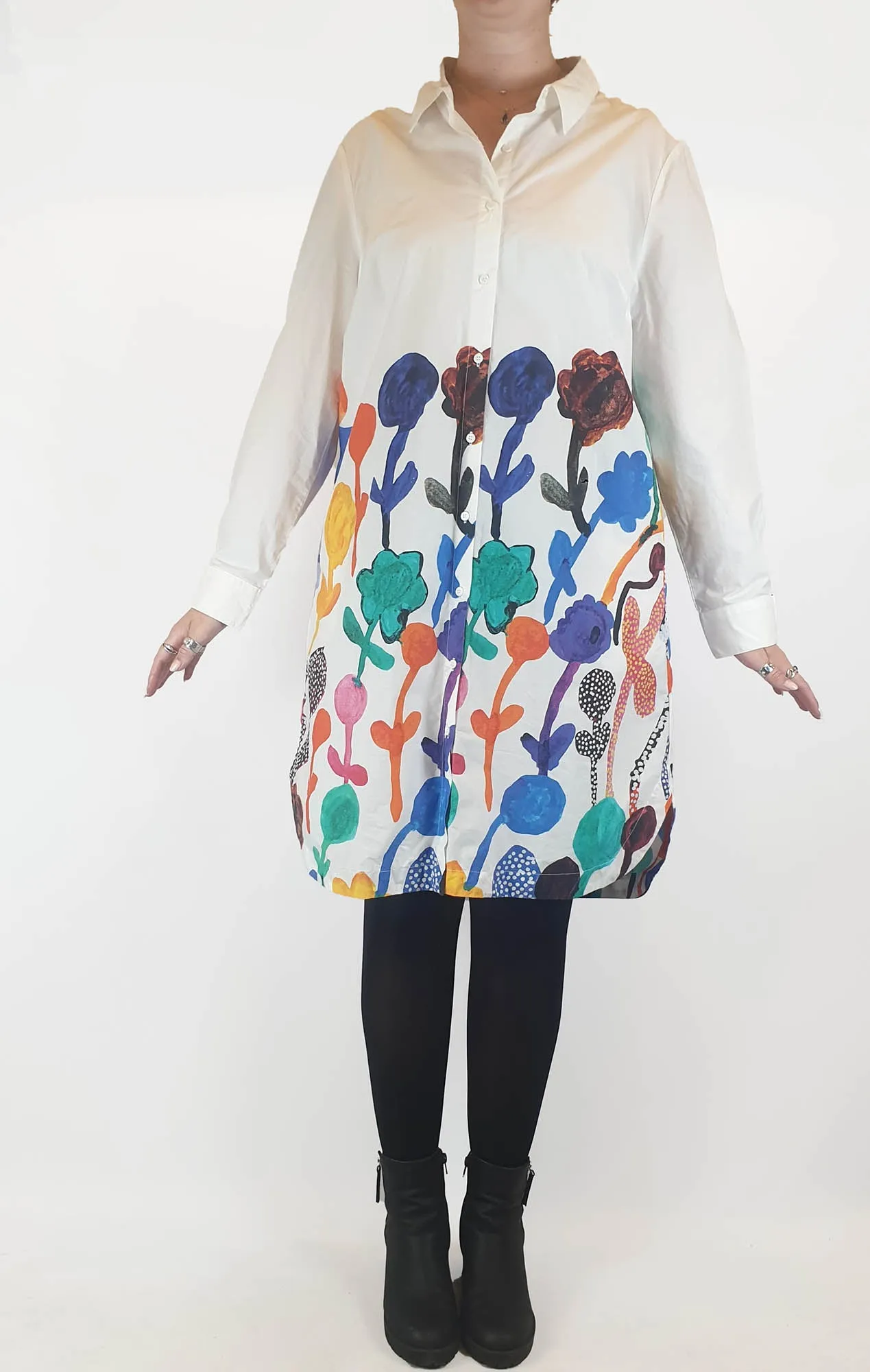 Gorman white shirt dress with pretty print print size 14, best fits 12-14