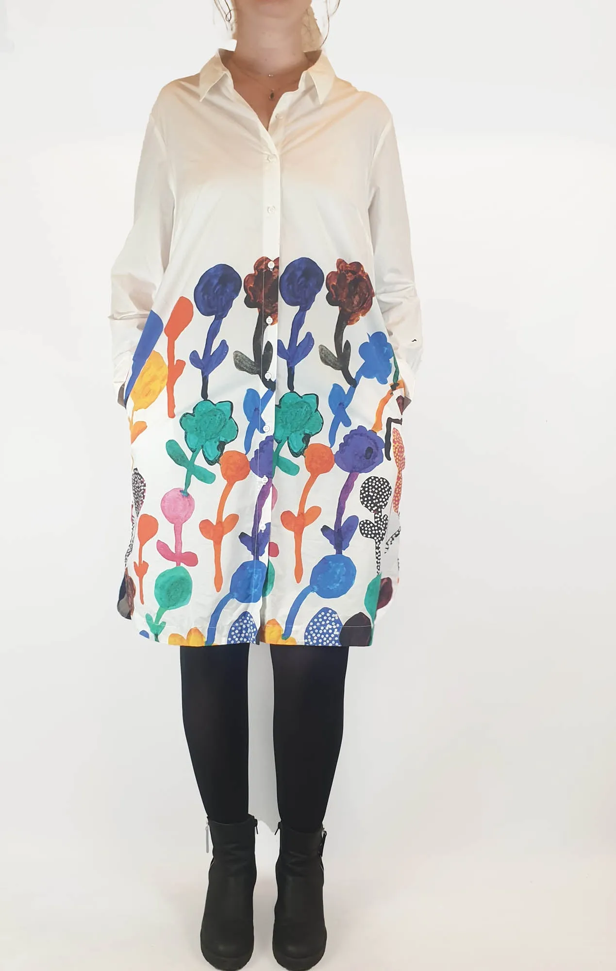 Gorman white shirt dress with pretty print print size 14, best fits 12-14