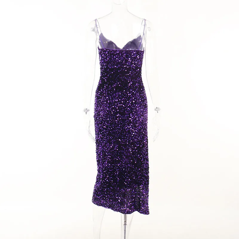 JuliaFashion - 2024 V-neck High Waist Tunic Midi Party Sequin Dresses