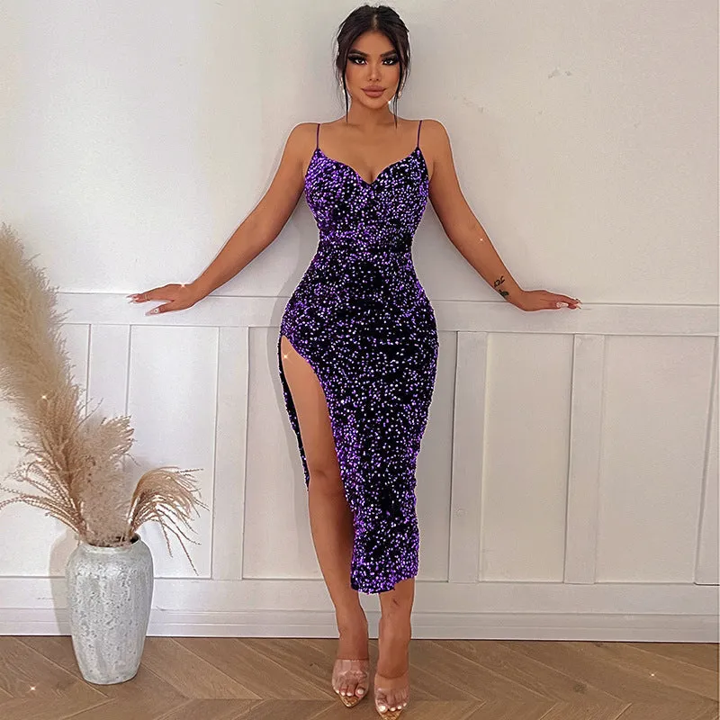 JuliaFashion - 2024 V-neck High Waist Tunic Midi Party Sequin Dresses