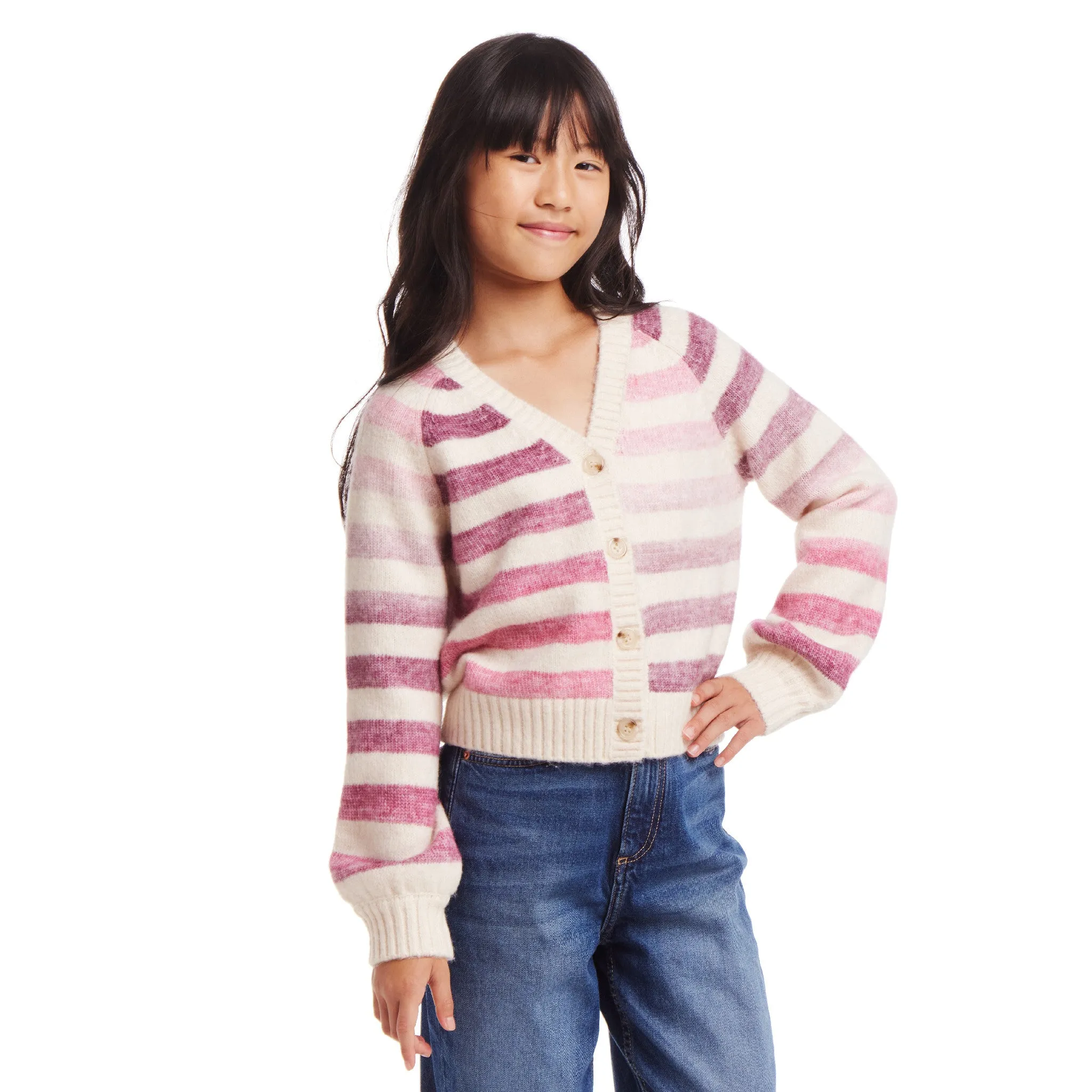 Kids (7-16) Oatmeal/Purple Ombre Stripe Cardigan