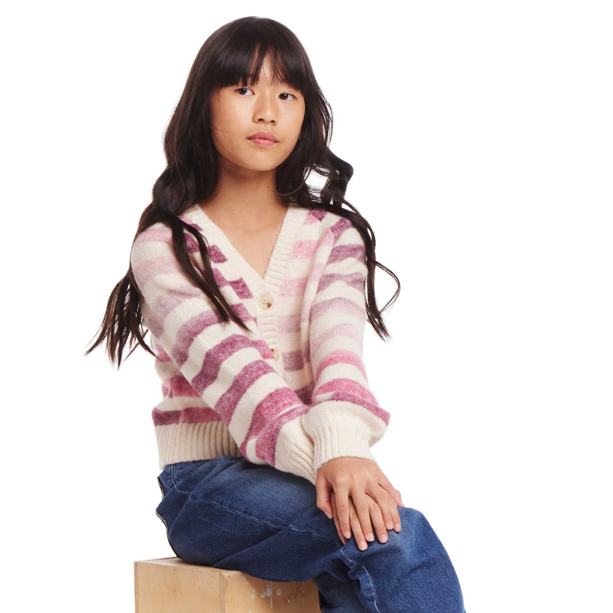 Kids (7-16) Oatmeal/Purple Ombre Stripe Cardigan