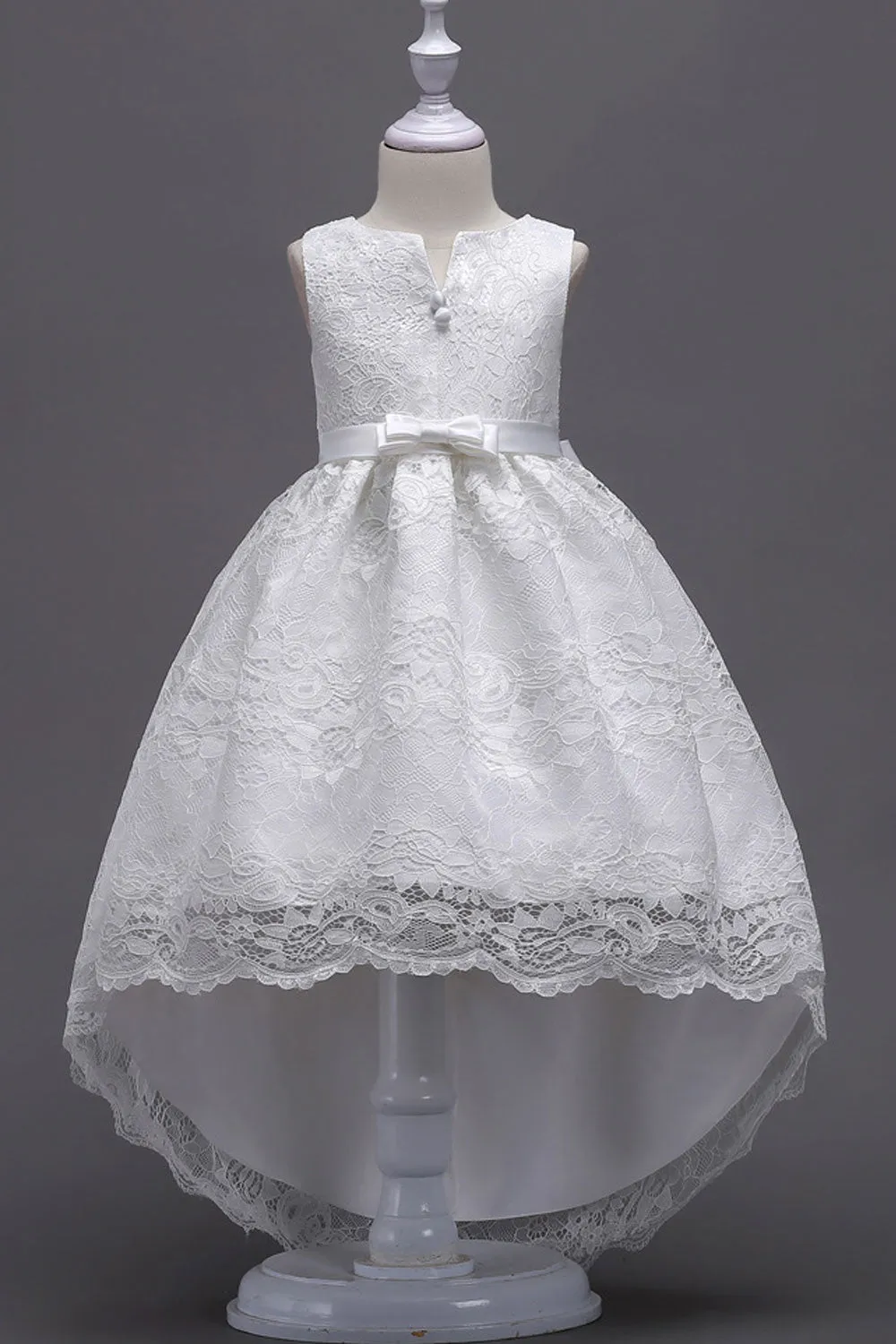 Kids Girls Alluring Bow Knoted Waist Lace Decorated Split Neck Beautiful Irregular Dress - KGD114620