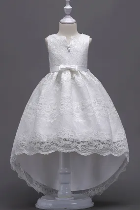 Kids Girls Alluring Bow Knoted Waist Lace Decorated Split Neck Beautiful Irregular Dress - KGD114620