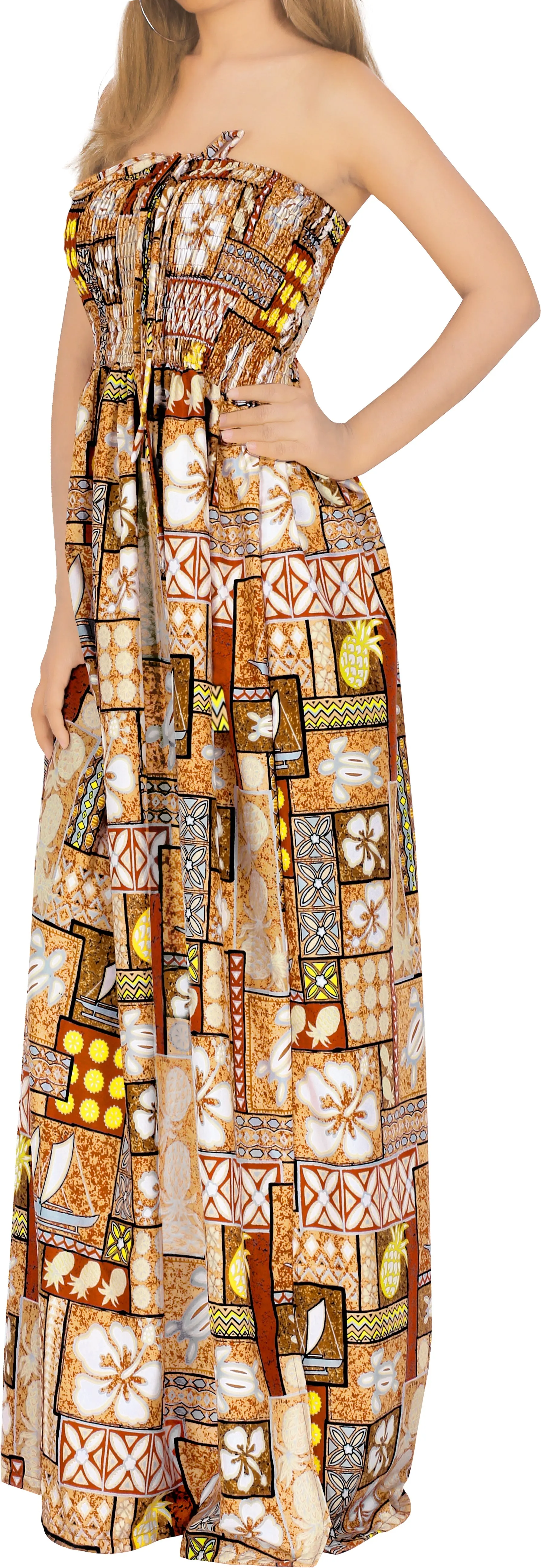 LA LEELA Long Maxi Hawaiian Halter Neck Tube Dress For Women With Sea Creatures And Floral Print All Over Everyday Casual Wear
