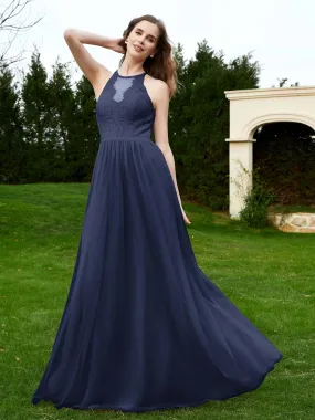 Lace Tulle Bridesmaid Gown Halter Neckline Dark Navy Plus Size