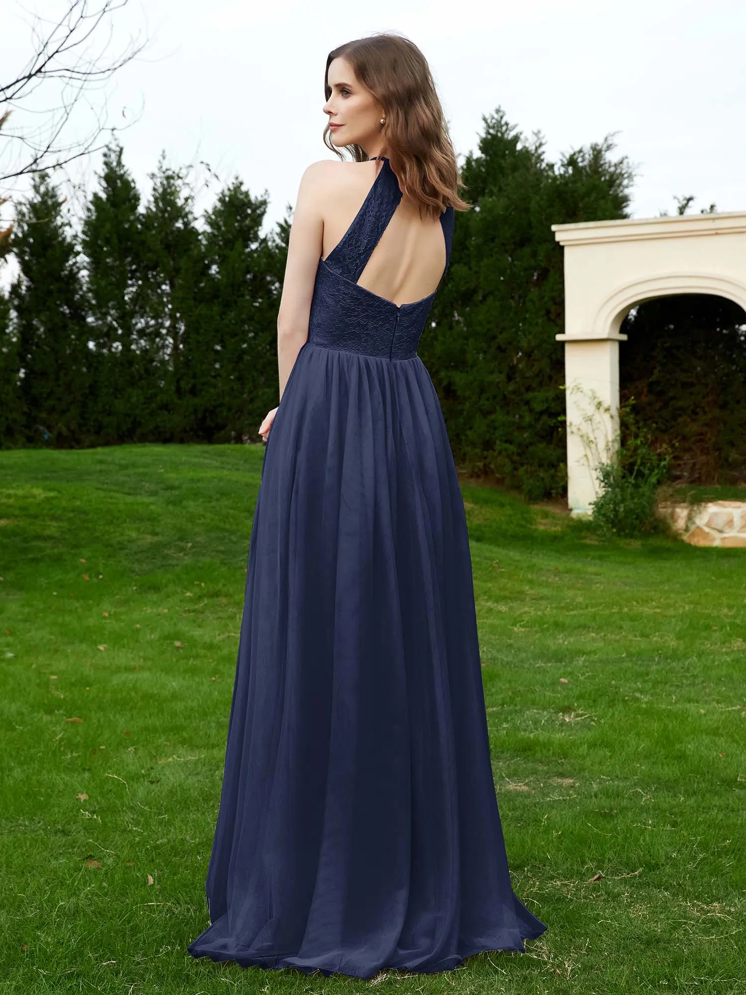 Lace Tulle Bridesmaid Gown Halter Neckline Dark Navy Plus Size