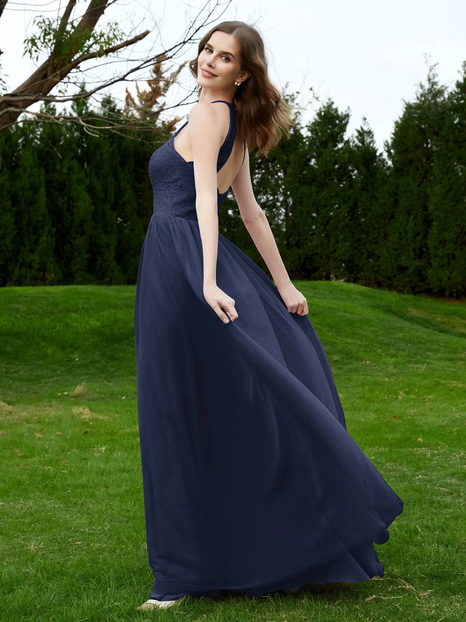 Lace Tulle Bridesmaid Gown Halter Neckline Dark Navy Plus Size