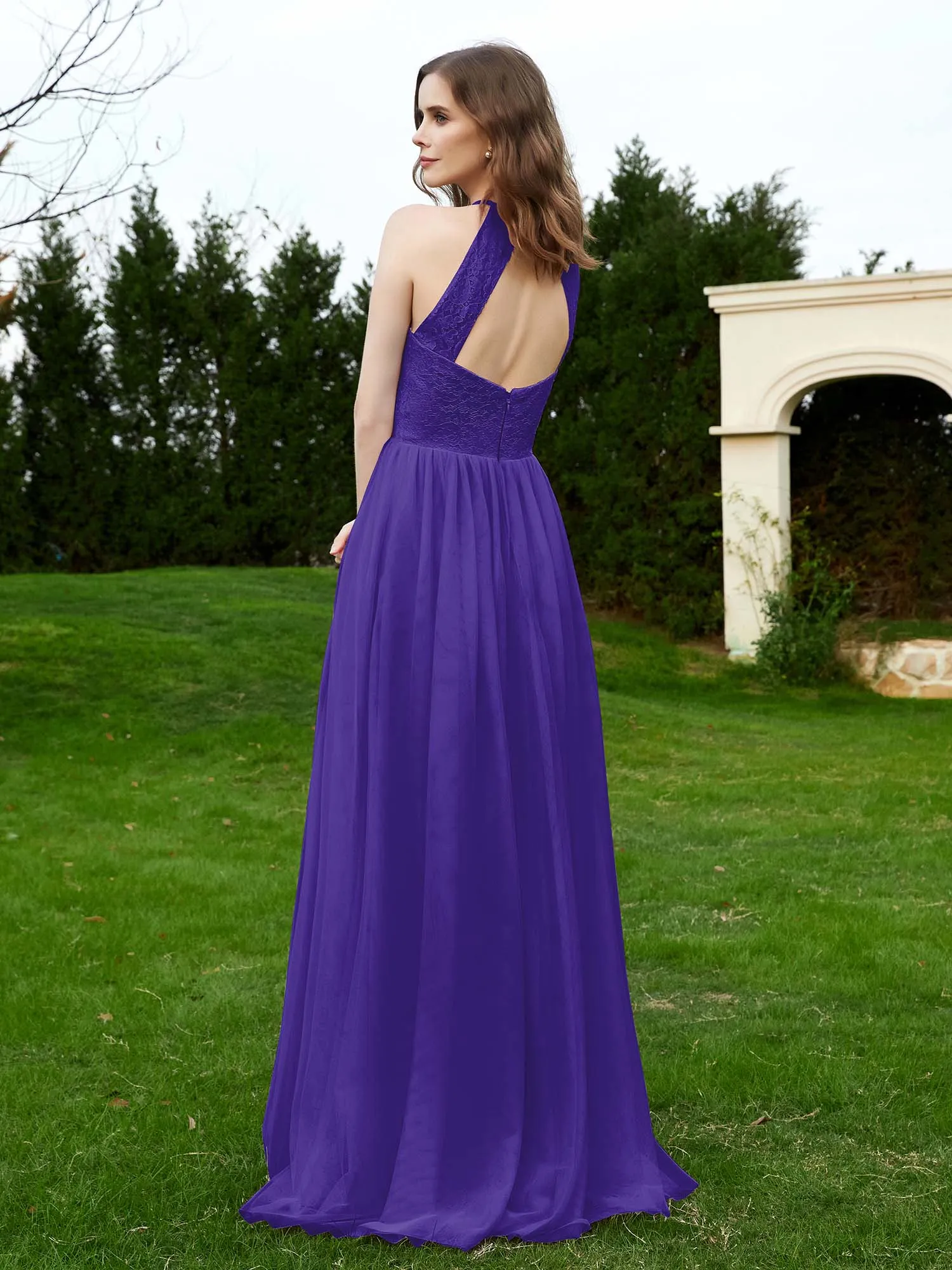 Lace Tulle Bridesmaid Gown Halter Neckline Regency