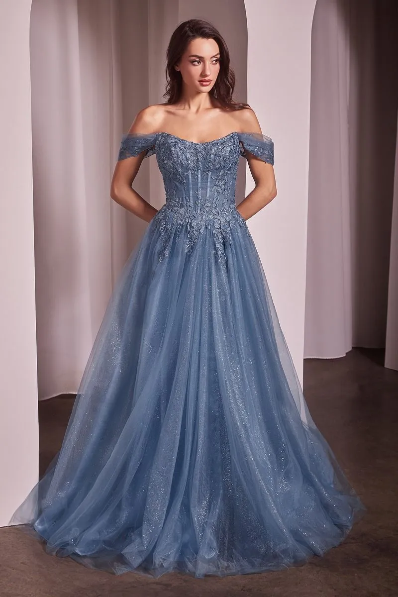 Ladivine CD799 Tulle A Line Shimmer Dress Formal Off the Shoulder Ballgown Lace Bodice