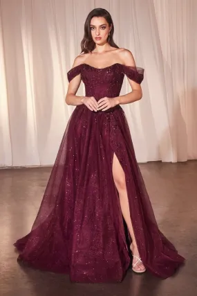 Ladivine CD799 Tulle A Line Shimmer Dress Formal Off the Shoulder Ballgown Lace Bodice