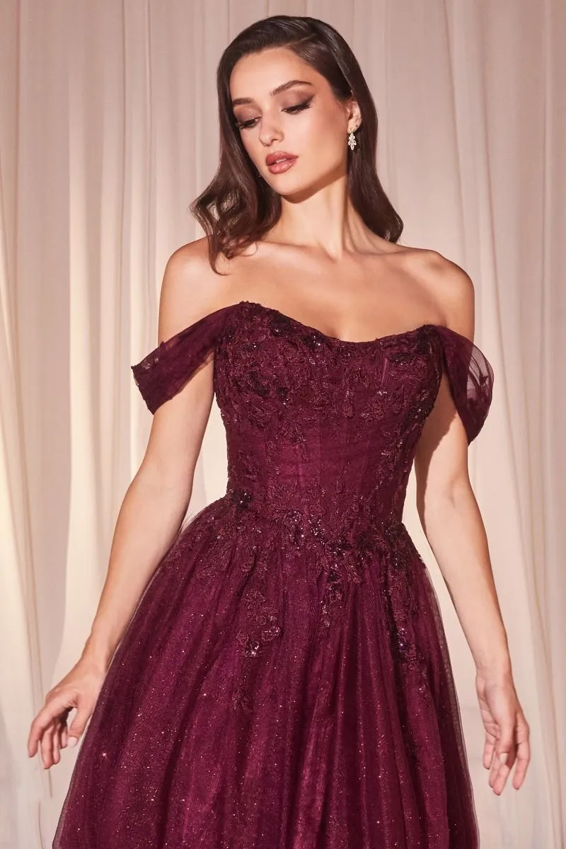 Ladivine CD799 Tulle A Line Shimmer Dress Formal Off the Shoulder Ballgown Lace Bodice