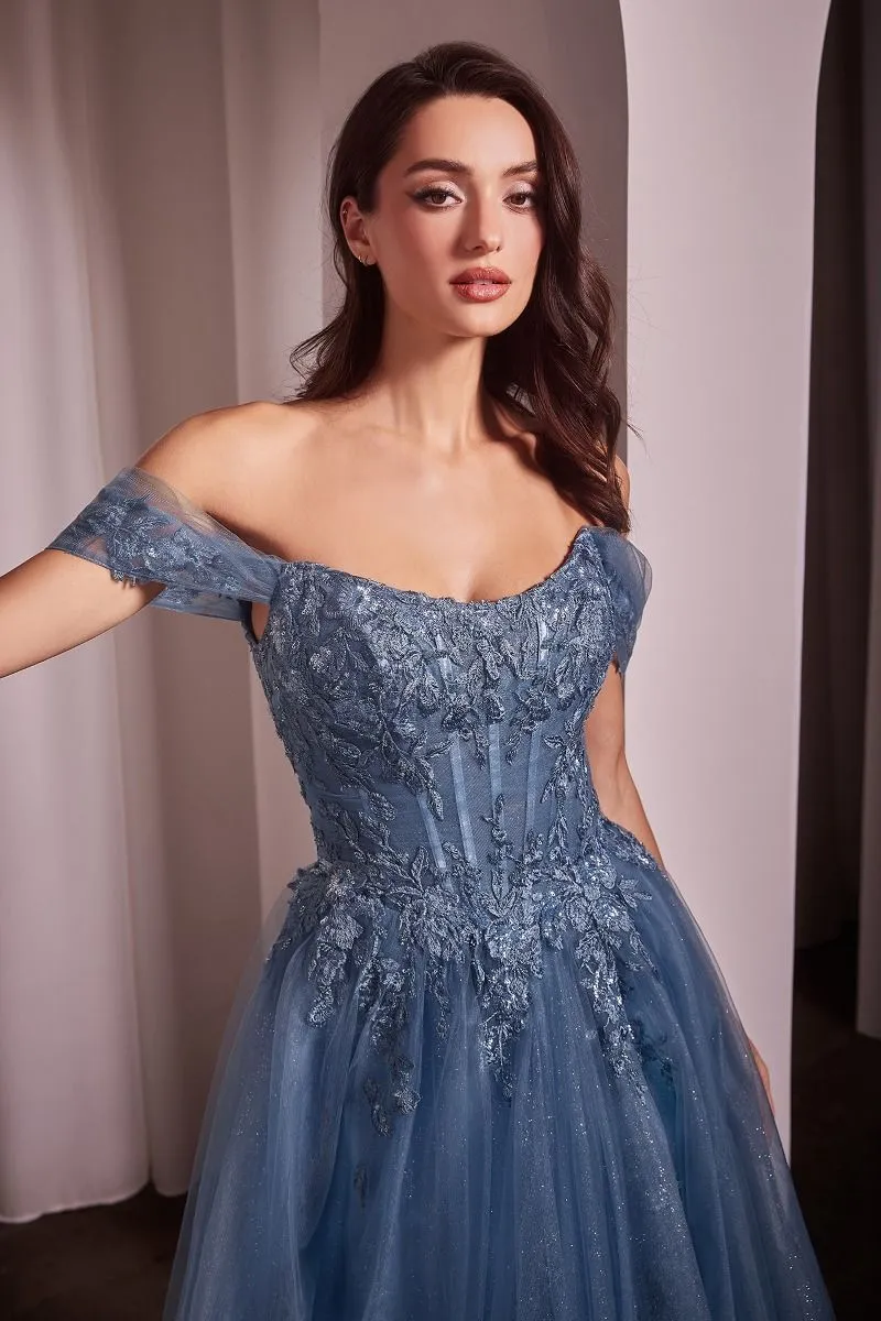 Ladivine CD799 Tulle A Line Shimmer Dress Formal Off the Shoulder Ballgown Lace Bodice
