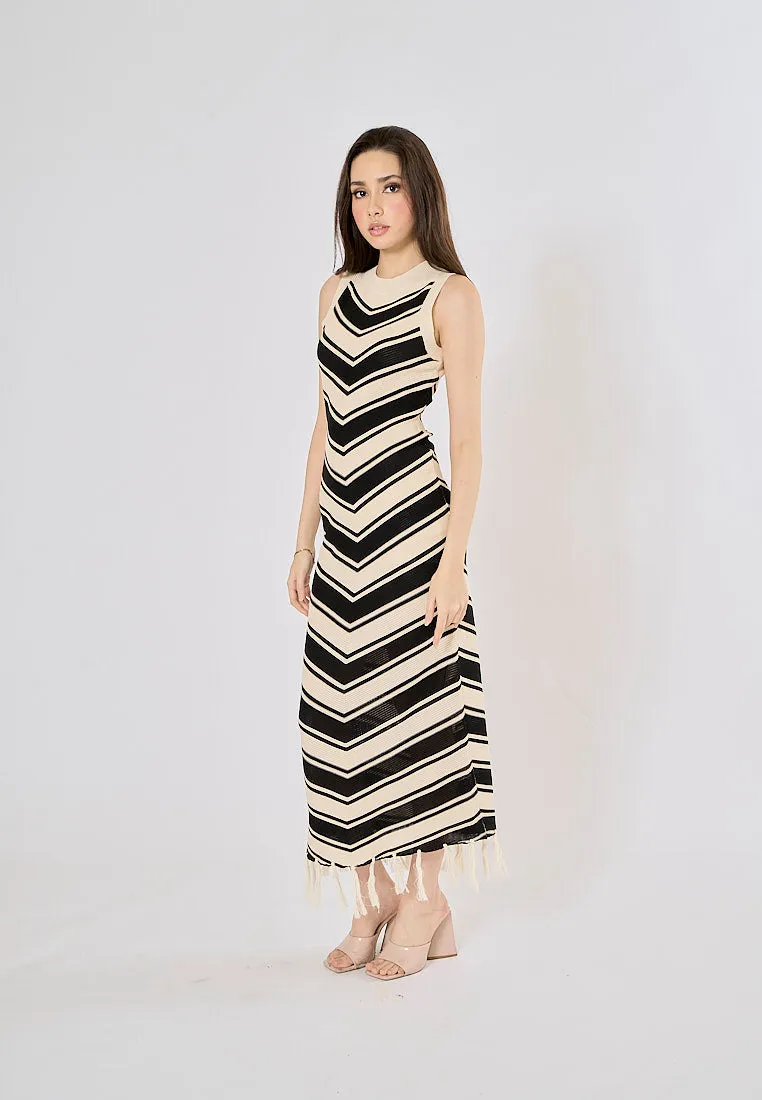 Laurent French Stripes Tassel Knitted Maxi Dress