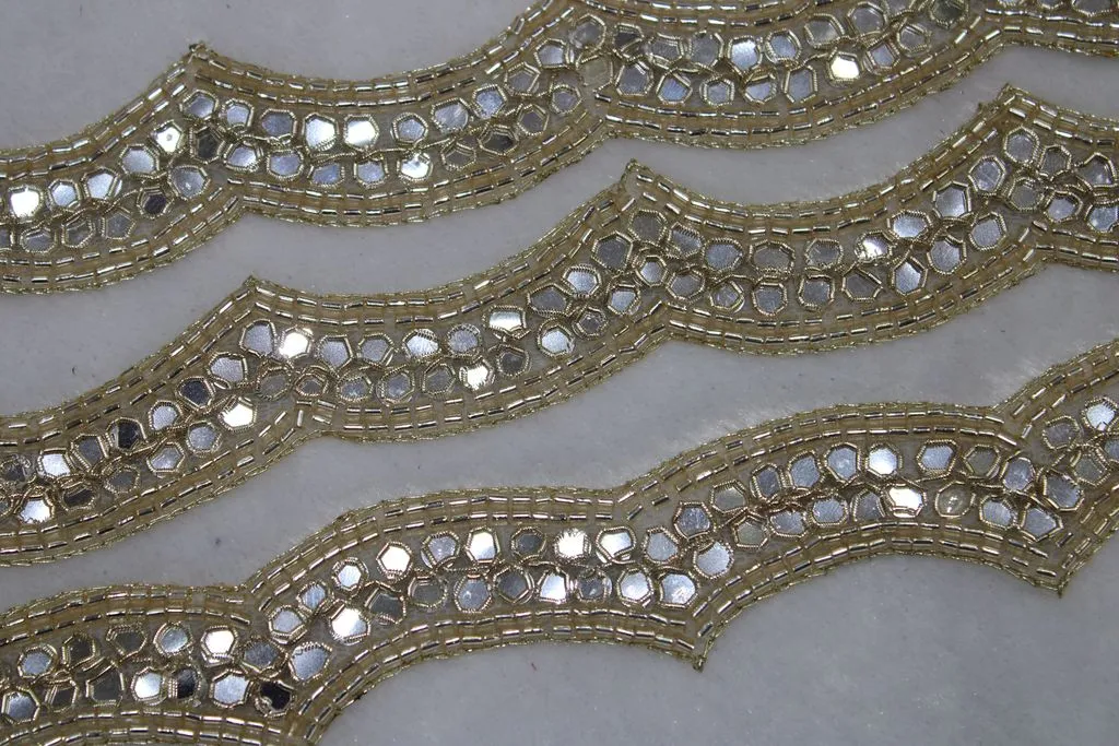 Light Golden Embellished Mirror and Beads Work Embroidered Border