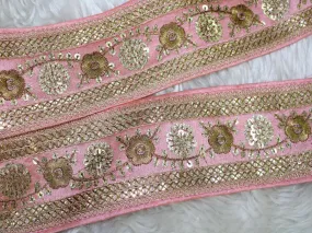 Light Pink Fancy Sequins and Zari Work Embroidered Border