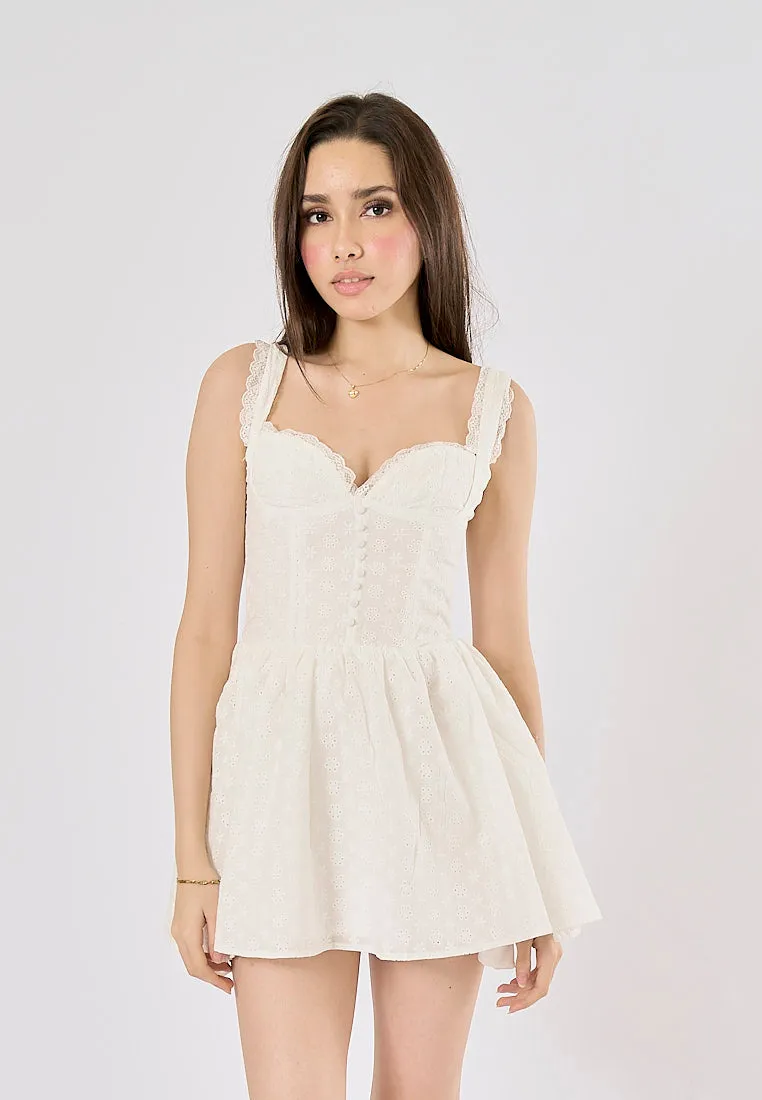 Lilianna White Floral Embroidery Buttons Up Mini Dress