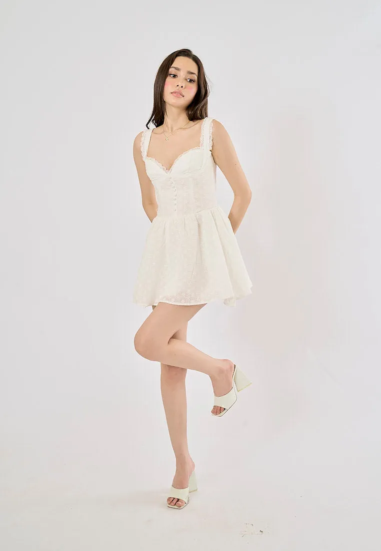 Lilianna White Floral Embroidery Buttons Up Mini Dress