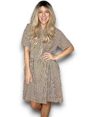 LINEN MIDI DRESS COCONUT BUTTON STRIPE COFFEE