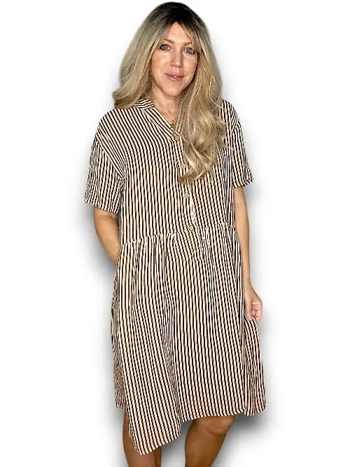 LINEN MIDI DRESS COCONUT BUTTON STRIPE COFFEE