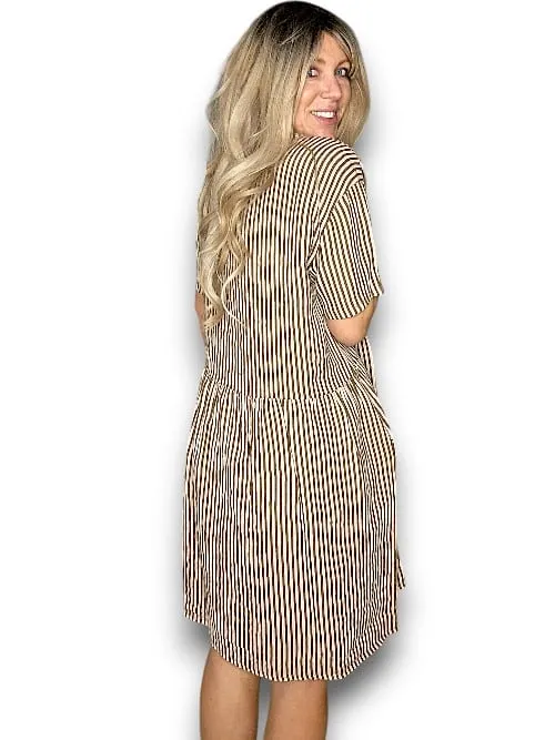 LINEN MIDI DRESS COCONUT BUTTON STRIPE COFFEE