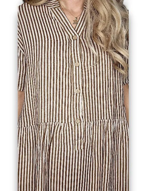 LINEN MIDI DRESS COCONUT BUTTON STRIPE COFFEE