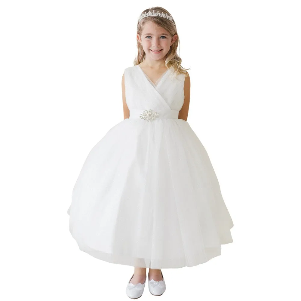 Little Girls Ivory Glitter Tulle V-Neck Rhinestone Brooch Flower Girl Dress 2-6