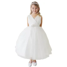 Little Girls Ivory Glitter Tulle V-Neck Rhinestone Brooch Flower Girl Dress 2-6