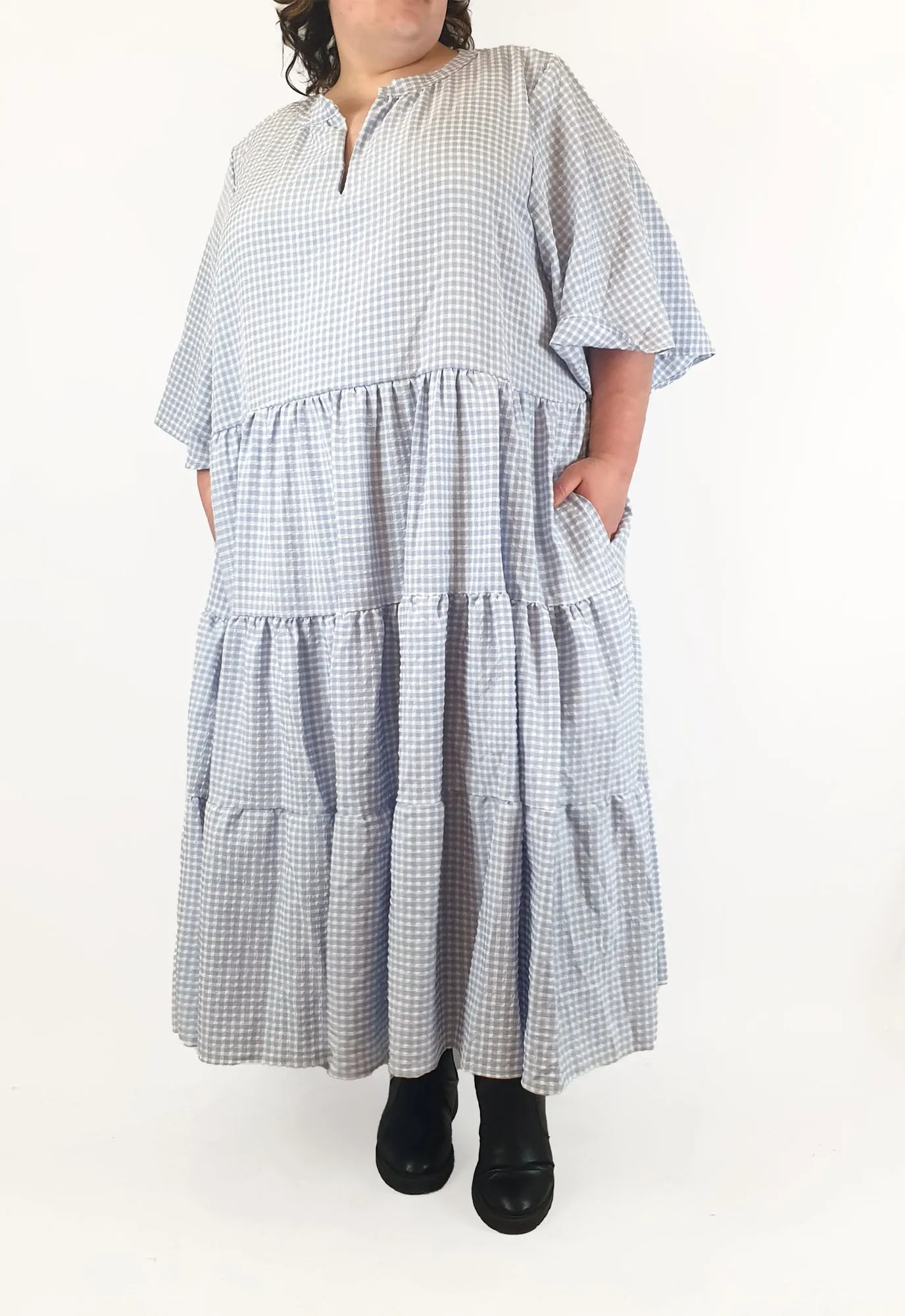 Little Party Dress blue and white check print maxi dress size 26
