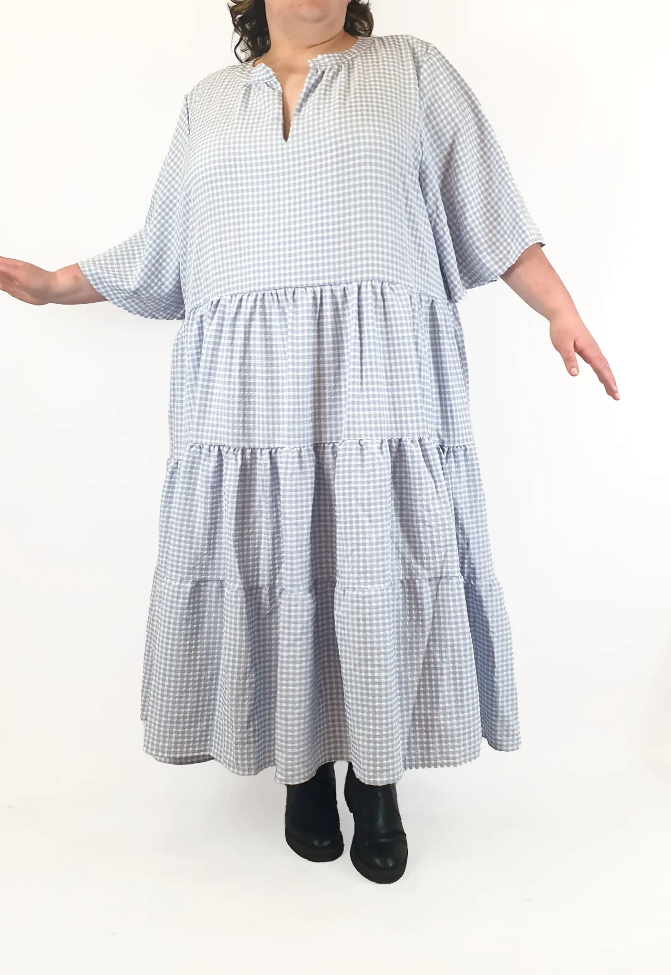 Little Party Dress blue and white check print maxi dress size 26