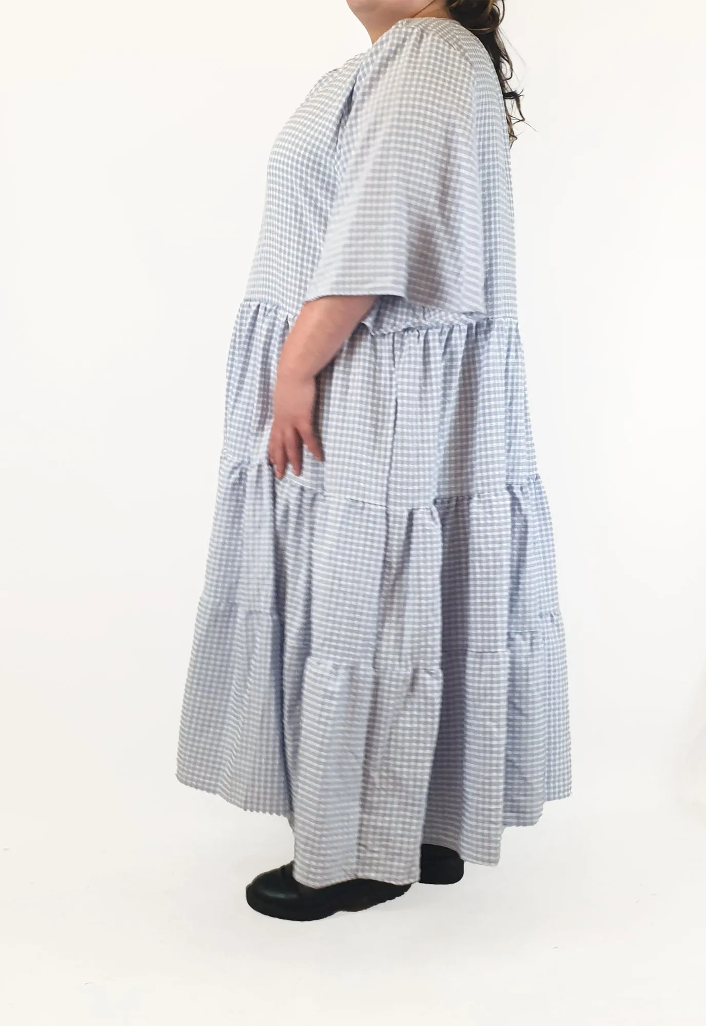 Little Party Dress blue and white check print maxi dress size 26