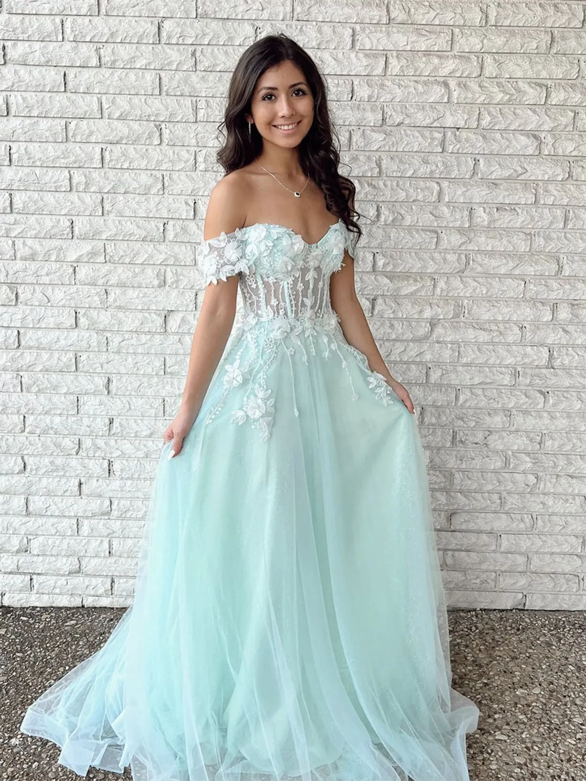 Long A-line Off the Shoulder Lace Tulle Formal Prom Dress Mint Green Graduation Evening Dresses