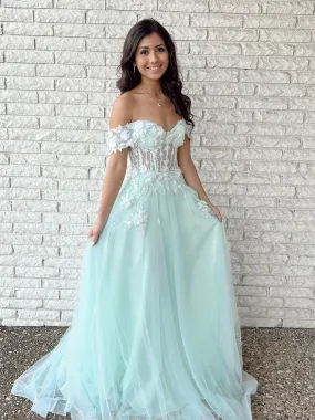 Long A-line Off the Shoulder Lace Tulle Formal Prom Dress Mint Green Graduation Evening Dresses