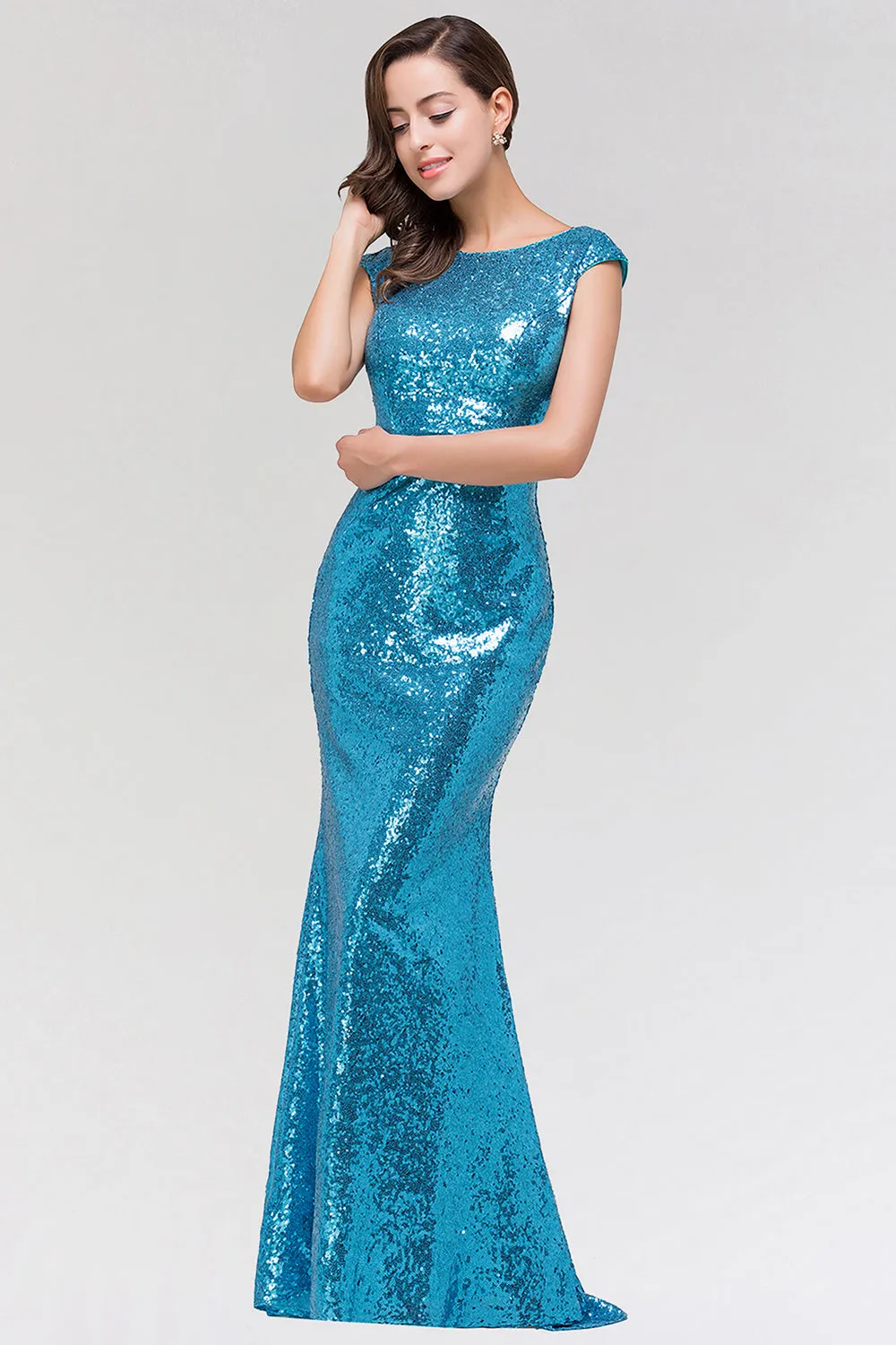 Long Mermaid Sequined Scoop Sleeveless Backless Bridesmaid Dress