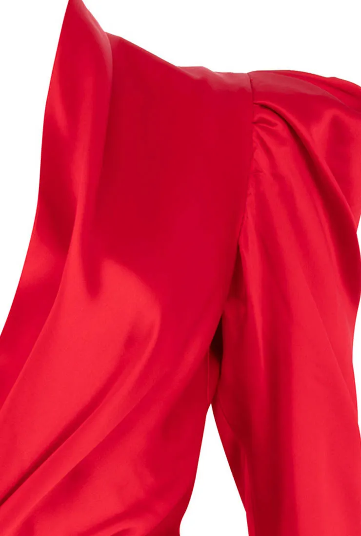 Long Puff Sleeve V-neck Red Satin Mini Dress