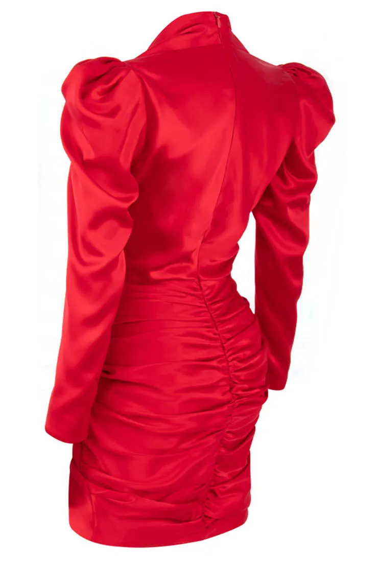 Long Puff Sleeve V-neck Red Satin Mini Dress