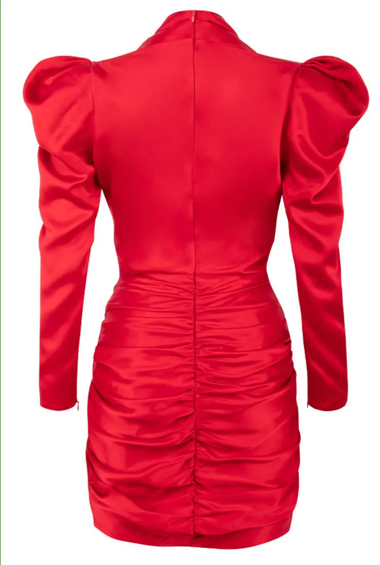 Long Puff Sleeve V-neck Red Satin Mini Dress