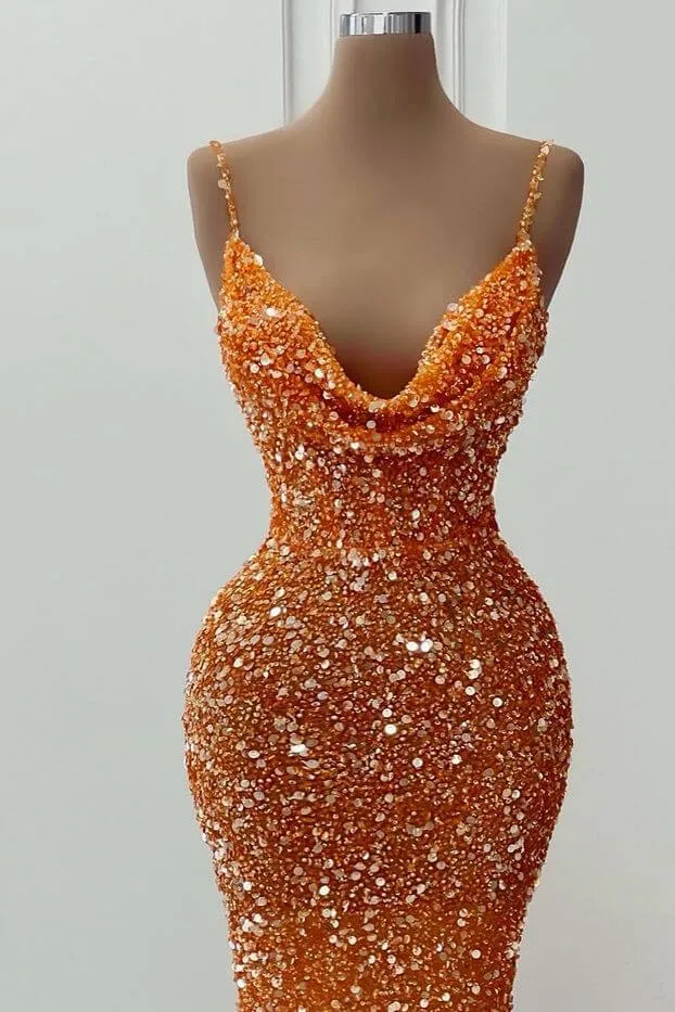 Long Sequined V-Neck Spaghetti Strap Mermaid Prom Dress