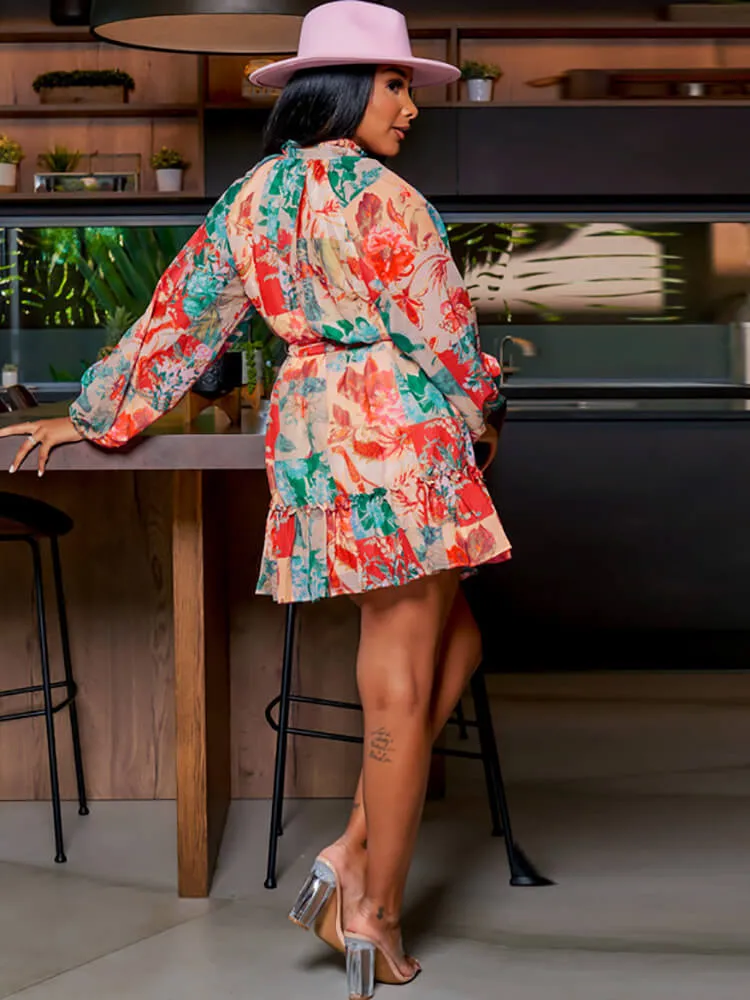 Long Sleeve Floral Print Ruffle Mini Dresses